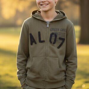 AMERICAN LIVING Olive Hoodie Jacket Boys 8 Front Back Graphic Propaganda Grunge